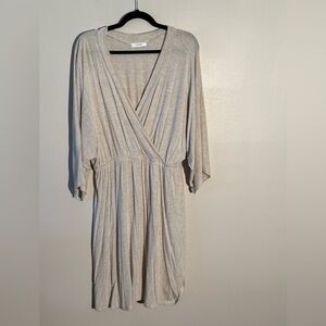 Cherish Neutral Faux Wrap-Front Long-Sleeve Dress in Light Taupe